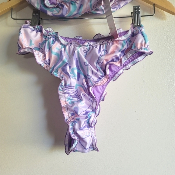 Oceanus, Teresa Bandeau Ruffle Abstract Bikini Set, Purple/Seafoam/Lilac, Size S - Picture 6 of 6